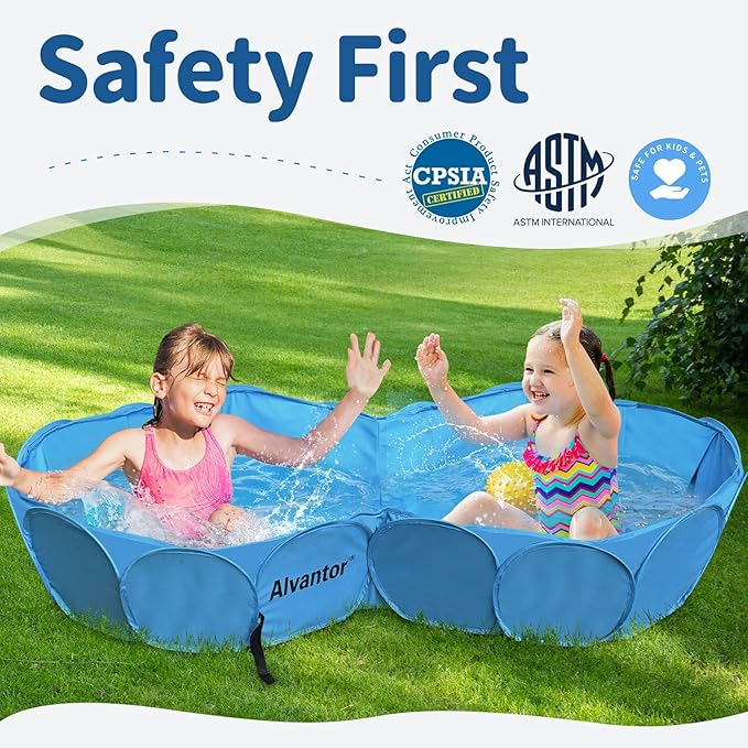 Alvantor Pet Double Swimming Pool Dog Bathing Tub, Hard Plastic Pools, Cat Puppy Shower Spa Foldable Portable Indoor Outdoor Pond Ball Pit 63"x35"x12" Patent Pending