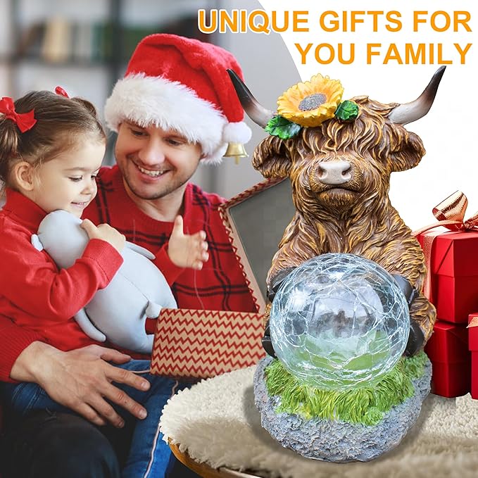 Highland Cow Outdoor Statue with Solar Transparent Ball for Garden Outside Yard Lawn Decor Highland Cow Figurine Porch Patio Balcony Home, Birthday Gifts for Mom Women