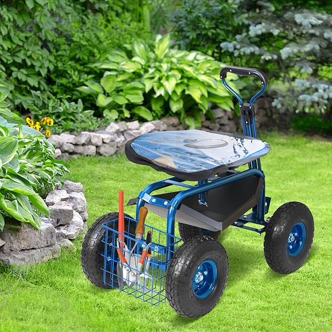 VEVOR Rolling Garden Work Seat with Wheels, Gardening Stool for Planting, 360 Degree Swivel Seat, Garden Scooter with Steering Handle & Tool Tray, Garden Chair for Outdoor, Patio and Yard, Blue