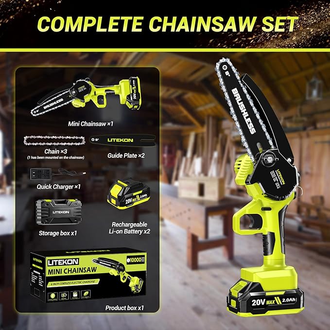 Brushless Mini Chainsaw with 1000W High Power Motor, 36 FT/S 6Inch Cordless Power Chainsaw with Auto-Oil System, 2025 Upgraded 20V Electric Chain Saw with 2x2000mAh Battery & Quick Charger, 3 Chains