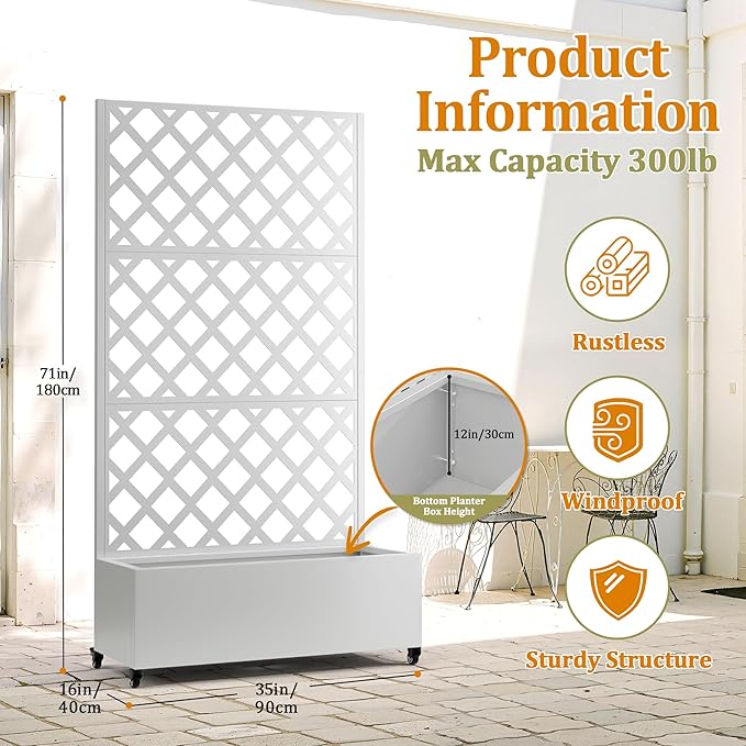 Metal Planter Box with Trellis, Heavy-Duty Raised Garden Bed for Climbing Plants, Drainage Hole, Outdoor Planter Box with Privacy Screen,35''L×16''W×71''H