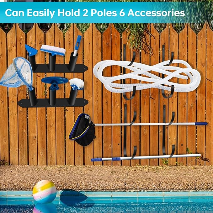 Jantens Swimming Pool Accessory and Equipment Organizer, Pool Maintenance Tool Organizer for Pool Vacuum, Skimmer Net, Hose, Telescopic Pole and More Above Ground Pool Accessories, Black, A&EO02