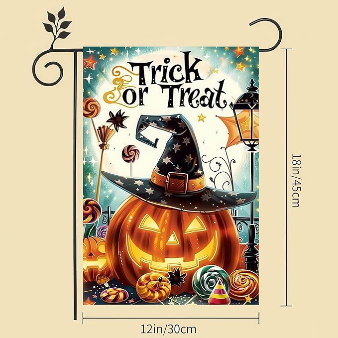 Halloween Garden Flag 12x18 Double-Sided Witch Hat Trick or Treat Pumpkin Garden Flag Yard Décor Holiday Seasonal Outdoor Banner Lawn Fall Decoration Yard Flag