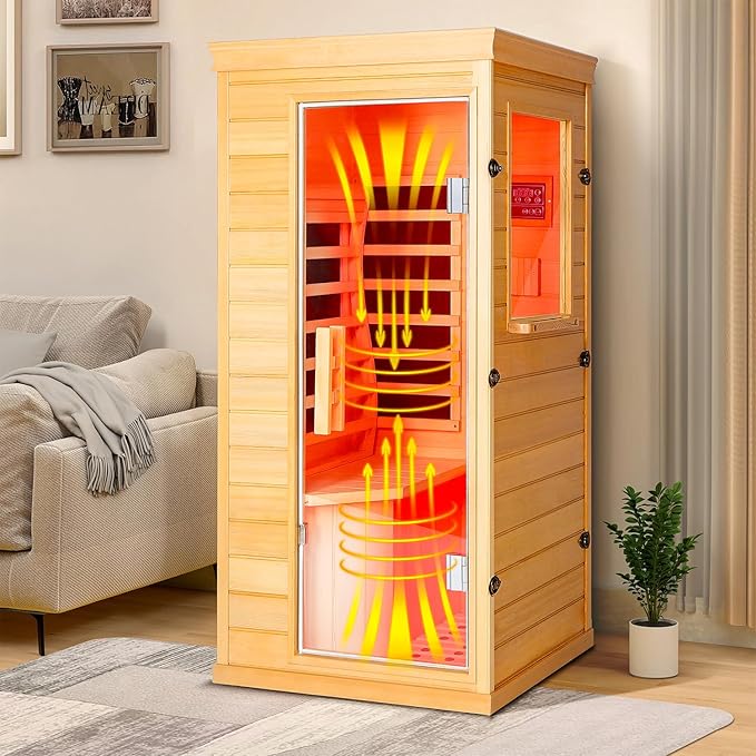 Far Infrared Sauna - 1 Person Infrared Sauna Red Light Therapy for Home, 850W 110V Canadian Hemlock Wood Saunas with Control Panel/Tempered Glass Door/Speakers, Mini Sauna Dry Room (Wood)