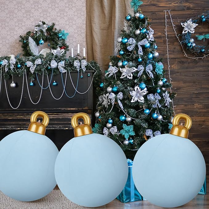 Jetec 3 Pcs 32 Inch Giant Velvet Christmas Inflatable Balls Ornament Flocked Xmas PVC Inflatable Flocked Ball Ornaments for Christmas Holiday Outdoor Blow up Yard Decor(Gray Blue)