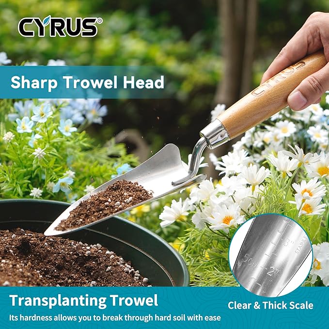 CYRUS Garden Tool Set,3 Piece Garden Shovel,Includes Hand Trowels, Transplanting Shovel and Hand Rake with Ash Wood Handle for Planting, Weeding, Maintaining Lawns and Gardens