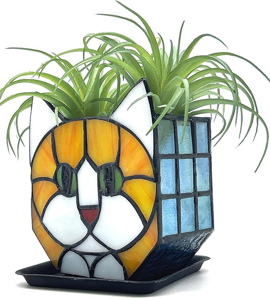 Tiffany Style Orange Cat Stained Glass Flower Pots,Indoor Plant Display, Orange Cat Small Pots for Plants, Gift for Cat Lovers,4.6x5.15x2.3 in (Excluding Plants)