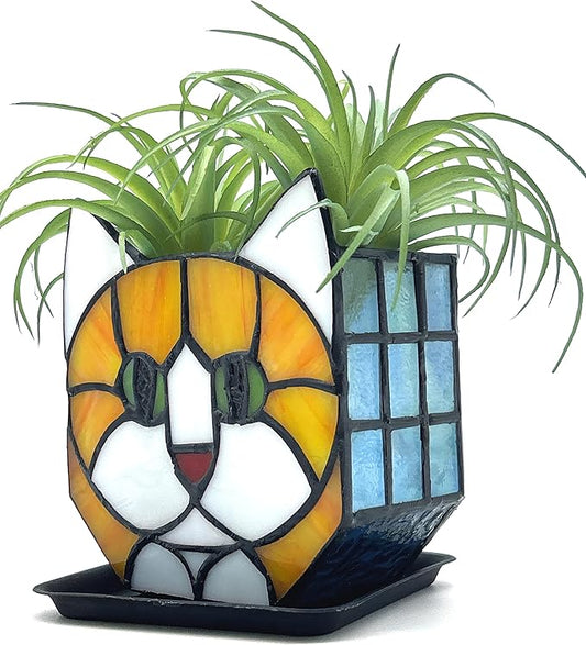 Tiffany Style Orange Cat Stained Glass Flower Pots,Indoor Plant Display, Orange Cat Small Pots for Plants, Gift for Cat Lovers,4.6x5.15x2.3 in (Excluding Plants)