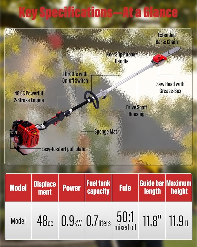 48CC Gas Powered Pole Saw 16FT Lightweight with Auto Lubrication, Safety Lock, and Quick Stop for Easy Tree Trimming (GZJ-005)