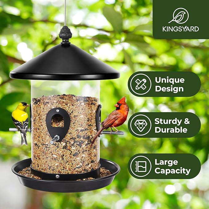Kingsyard Metal Hopper Bird Feeder for Outdoors Hanging with 8 Ports, 3 lbs Large Capacity Tube Bird Feeder with Seed Tray, Easy to Fill and Clean, Black