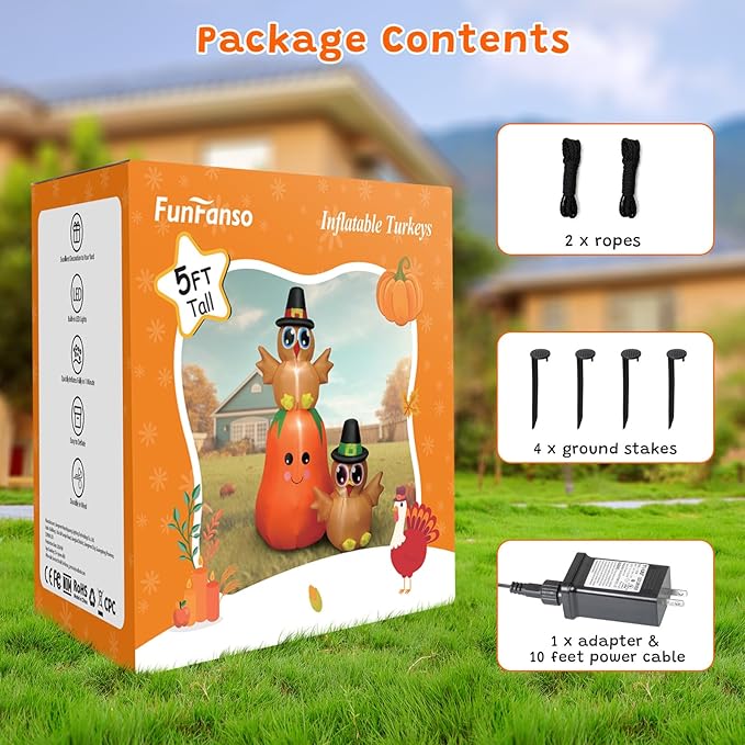 FunFanso 5FT Thanksgiving Inflatable Turkey on Pumpkin Outdoor Decoration, Lovely Blow Up Turkey with Built-in LED Lights for Garden Lawn Yard Home Party Decor, Powerful Blower for Fast Inflation