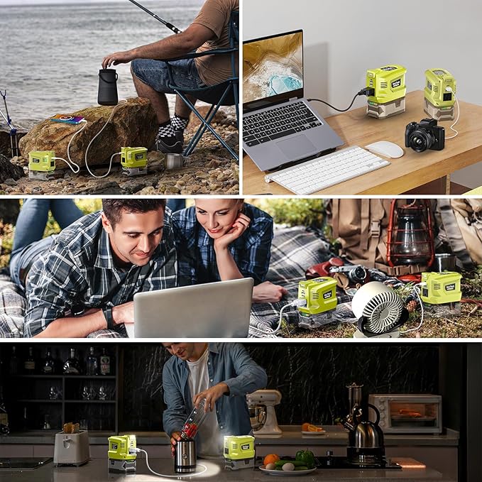 2 Packs Real 200W Power Inverter Compatible With Ryobi, VoLtTech Battery Inverter DC 18V to AC 110V Portable Phone Charger Generator Power Supply with 2 USB Ports & 1 Type-C & 1 AC Outlet (No Battery)