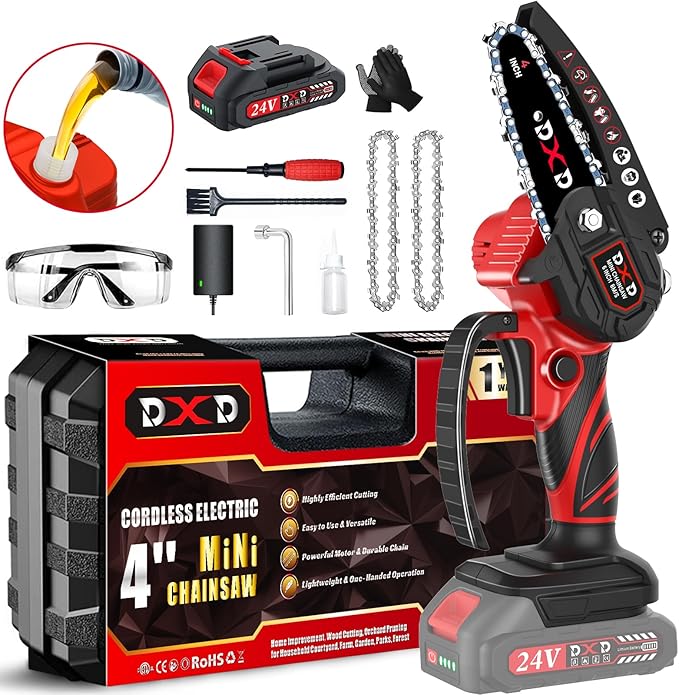 Mini Chainsaw Handheld Mini Cordless Electric Chainsaw with Battery Gas-Powered Option 4-Inch chainsaw Bar Oil Jug Safety Gloves Chain Caseightweiaht for Tree Trimming Wood Cutting