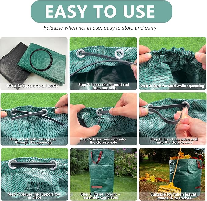 2 Pack 32 Gallon Reusable Yard Waste Bags (Green + Black), Collapsible Heavy Duty Lawn & Leaf Bags with Reinforced Handles for Leaf Collection, Yard Cleanup, Storage