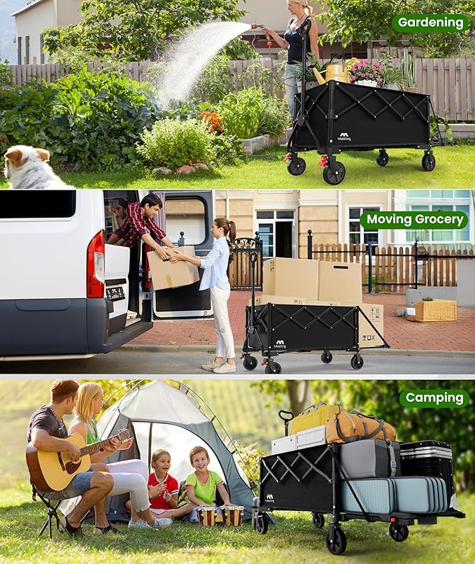 Extra Large Foldable Wagons Extended Clearance, 250L Collapsible Wagon with Tailgate, 49”L Folding Wagons with Brakes, Grocery Wagon, Utility Cart for Sports, Shopping, and Camping, Black
