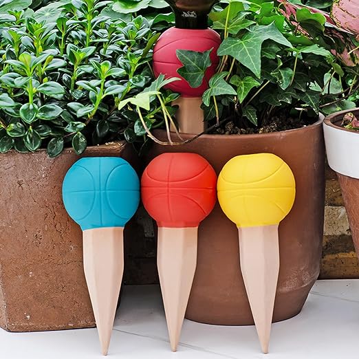 4 Pack Terracotta Watering Spikes, Vacation Self-Watering Planters Devices - Continuous Moisture with Slow Release Watering System - Perfect for Indoor Outdoor Plants (Basketball)