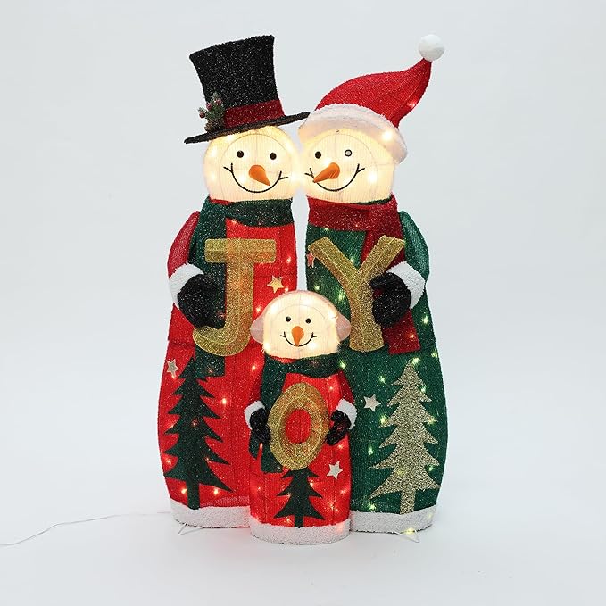 LuxenHome 3FT Lighted Snowman Family Outdoor Decoration, Prelit Joy Snowman with Hat and Scarf, Illuminated Christmas Decorations Indoor and Outdoor for Porch, Lawn, Xmas Holiday Yard Decor