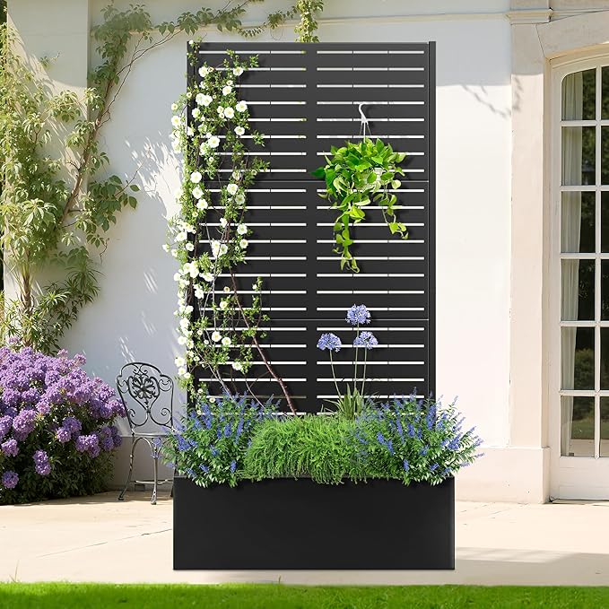 TOAOTBNBO Metal Planter Box with Trellis, Heavy-Duty Raised Garden Bed for Climbing Plants, Drainage Hole, Outdoor Planter Box with Privacy Screen,35''L×16''W×71''H