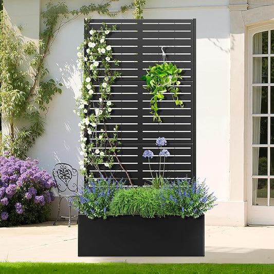 TOAOTBNBO Metal Planter Box with Trellis, Heavy-Duty Raised Garden Bed for Climbing Plants, Drainage Hole, Outdoor Planter Box with Privacy Screen,35''L×16''W×71''H