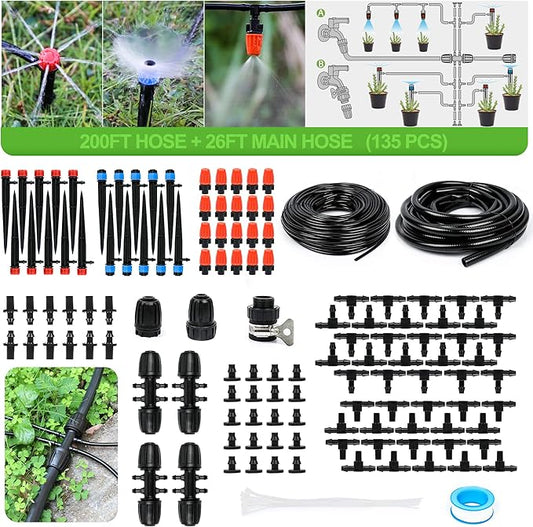 MIXC 226FT Greenhouse Micro Drip Irrigation Kit Automatic Irrigation System Patio Misting Plant Watering System with 1/4 inch 1/2 inch Irrigation Tubing Hose Adjustable Nozzle Emitters Barbed Fittings