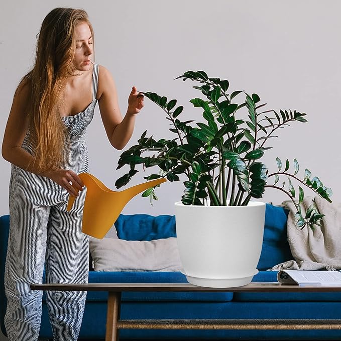 WOUSIWER Plant Pots 10/9/8 inch, Set of 3 Modern Decorative Plastic Planters with Drainage Holes and Saucers for House Plants Indoor Flowers Plants, White