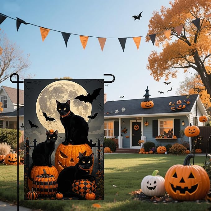 IVN Happy Halloween Garden Flag 12x18 Inch Double Sided Black Cat Pumpkin Bat Full Moon Gothic Graveyard Outdoor Yard Flag for Outside Front Door Lawn Porch Patio Welcome Decor