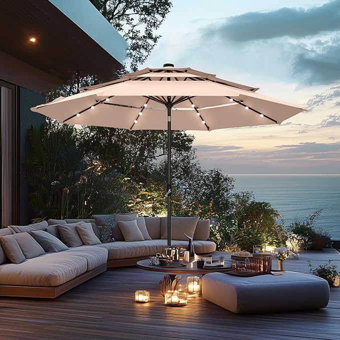 PHI VILLA 10ft Patio Umbrella with Solar Lights, Outdoor 3 Tier Vented Large Market Table Umbrella with 8 Sturdy Ribs and 1.5" Umbrellla Pole for Lawn Poolside Garden Terrace, Beige