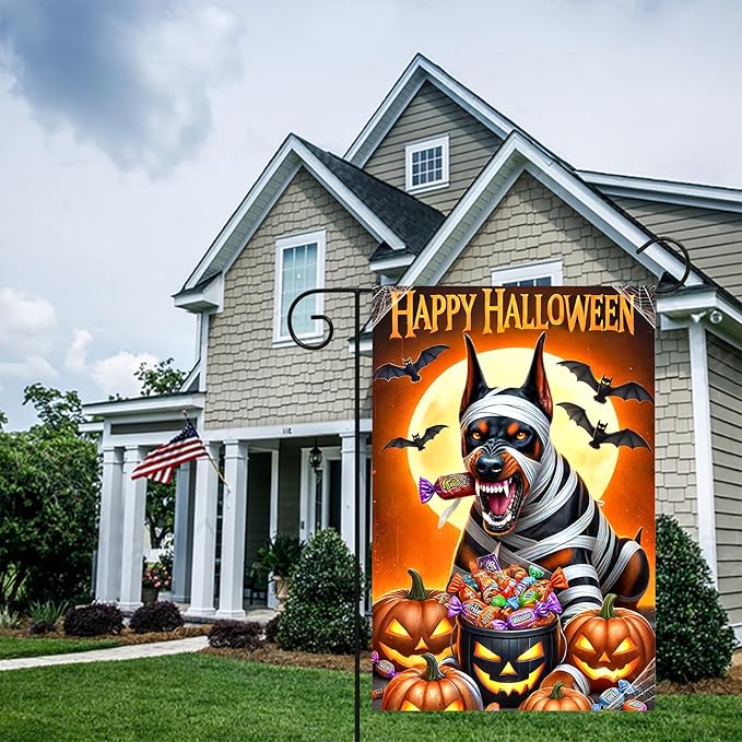 Happy Halloween Garden Flag 12x18 Inch Doberman Mummy Dog Decorative Yard Flag Double Sided Halloween Outdoor Decor Trick or Treat Candy Banner