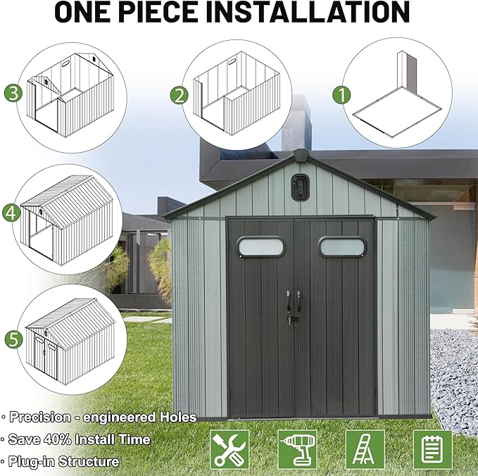 8X10FT Outdoor Resin Storage Shed, Waterproof Plastic Garden Shed with Lockable Door, Windows & Vents, Outside Storage Tool Shed for Patio Furniture, Lawn Mower, Bike