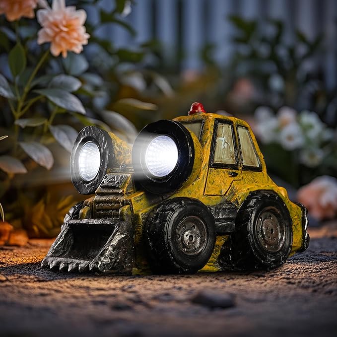 Garden Statue Outdoor Solar Light Decor with LED Light Rustic Vintage Bulldozer Construction Vehicle Decoration for Lawn Patio Yard Gifts for Women