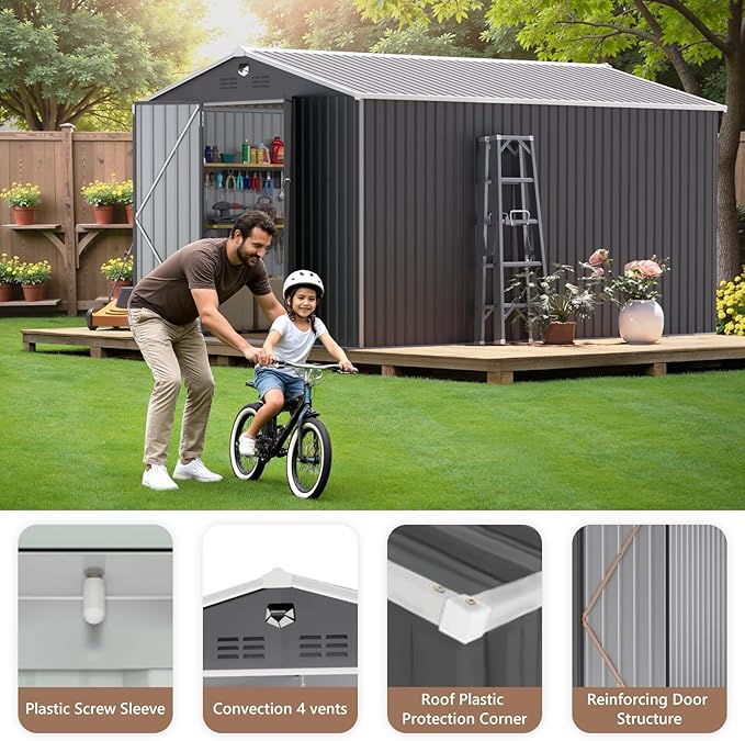 10x14 FT Outdoor Storage Shed, Metal Garden Shed - Tool Storage Sheds with Lockable Doors, Waterproof Outside Storage Building for Backyard, Patio (Black; Floor Not Included)