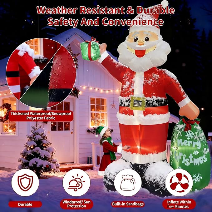 12FT Giant Christmas Inflatable Santa Claus with LED Lights and Gift Bag, Outdoor Blow Up Decorations for Yard, Indoor Holiday Party, Built-in Lights, Weatherproof, Includes Stakes & Sandbags