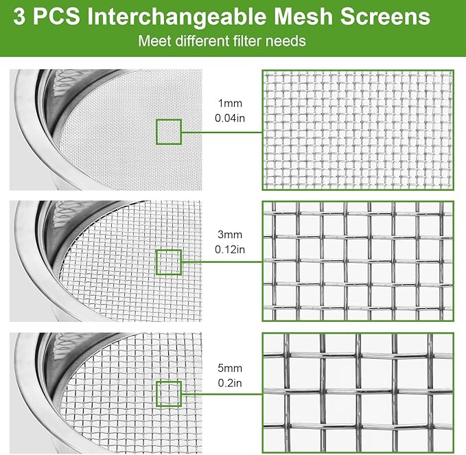 Soil Sieve Sifter Set Stainless Steel,Garden Sieve Set with 3 Interchangeable Mesh 1,3,5mm,Sifting Screen for Dirt, Sand, Rock, Filtration, Compost, with Soil Scoops Gardening Tool