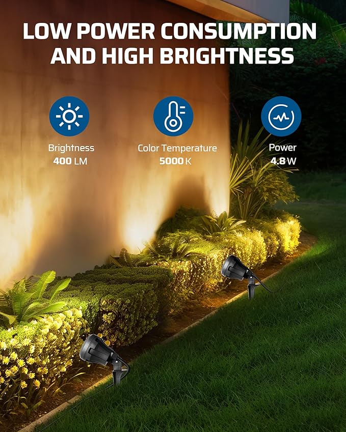 DEWENWILS 120V LED Outdoor Spotlight Halloween, 3 Extra Lenses (Red Green Yellow), 4.8W 5000K Plug in Spotlight, Waterproof Landscape Light for Yard, Tree Flag, Holiday, 5FT Extension Cord, UL Listed