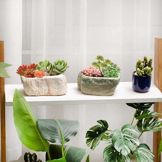 T4U 5.5 Inch Ceramic Succulent Pot Planter with Drainage Hole Set of 3, Stone Shape Rectangle Window Box Cactus Plant Containers Gift for Mom Sister Best for Home Office Table Desk Decoration