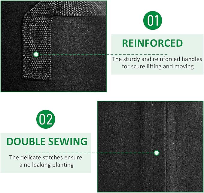 NYONG 12-Pack 25 Gallon Thickened Non-Woven Grow Bags, Aeration Fabric Pots with Handles(Black)