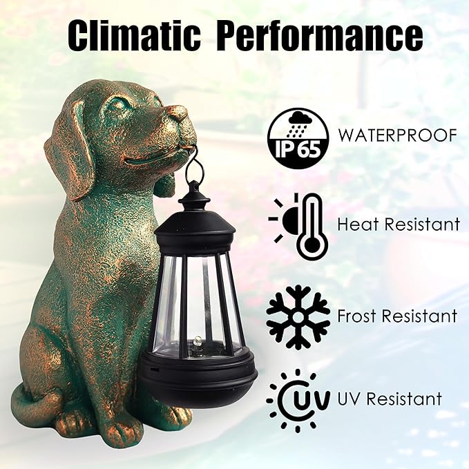 Dog Garden Statue Outdoor Décor with Solar Lights Lantern,Dog Solar Light Figurines Outside Decorations for Yard,Lawn ,Patio, Balcony, Unique Housewarming Gifts