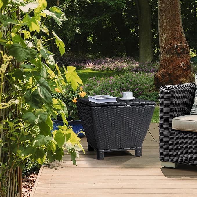 Outvita Outdoor Side Table, Rattan Coffee Table with Storage 13 Gallon Patio Small Deck Storage Box for Cushion Towel Books, Brown Side Table with lid
