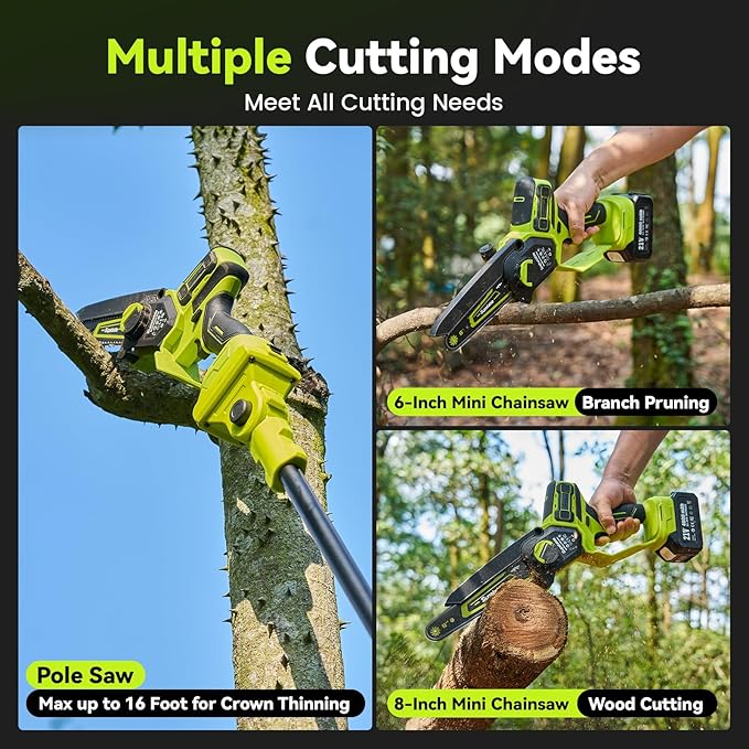 Electric Pole Saws for Tree Trimming, 6" & 8" Mini Chainsaw Cordless with Extension Pole & 2x4Ah Batteries, 20V Pole Chain Saw Battery Powered, Max Reach 16 Ft, Tree Trimmer Limb Branch Cutter Pruner