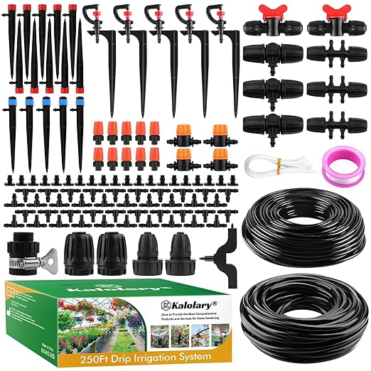 250FT Drip Irrigation Kit with Rotating Nozzle, Kalolary 1/4" 1/2" Automatic Garden Watering System with 4/7mm 16mm PE Tube Adjustable Micro Water Sprinkler Equipment for Patio Lawn Flower Bed