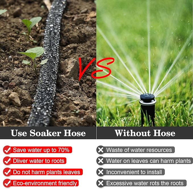 Soaker Hose with Solid Brass Connectors 25 FT for Garden Beds 1/2 Inch Rubber Longer Lasting Drip Irrigation Save 70% of Water Great for Lawn and Yard