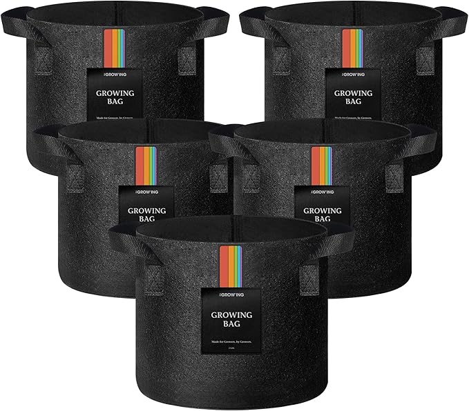 The Growing 5 Pack 2 Gallon Fabric Grow Bags,Thickened Aeration Nonwoven Fabric Plant Pots with Durable Handles,Heavy Duty 300G Planter Pot for Tomato, Fruits, Vegetables and Flowers, Black