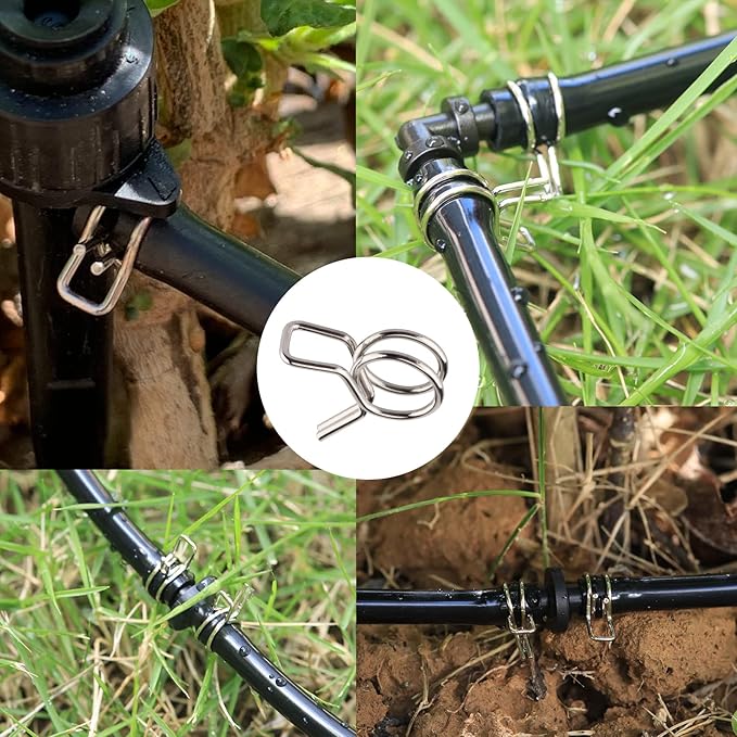 1/4" Irrigation Hose Clamps, 100 Double Line Hose Pipe Spring Clamps, Drip Irrigation Kit Connector Leak Solution