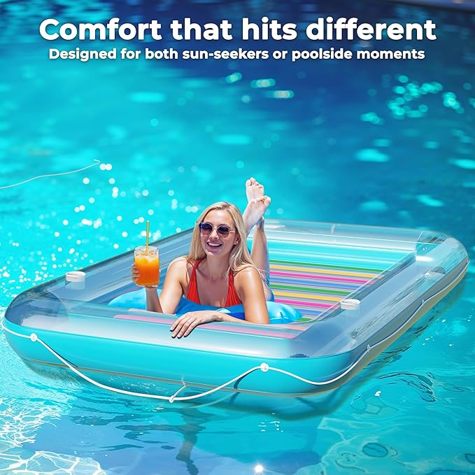 JAMBO Inflatable Tanning Pool Lounger Float, 70 x 47 Sun Tanning Pool Float with Pillow, Water Lounge Raft, Pool Floatie for Adults, Tanning Raft Pool Tub, Water Tanning Bed Kiddie Pool Tanning Floats