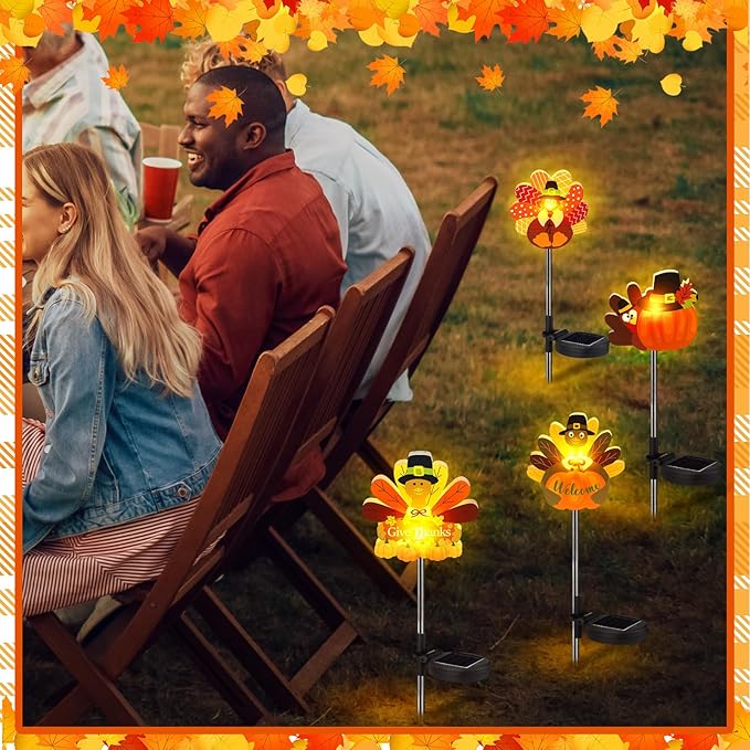 Retisee 4 Pack Thanksgiving Turkey Outdoors Cute Solar Lights Multicolor Patterned Solar Waterproof Lights Outdoor Yard Decorations Pathway Lawn Porch Fall Party Supplies for Home Yard Party Favors