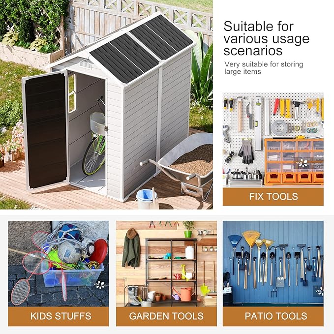 Resin Outdoor Storage Shed with Floor 6x4 FT Waterproof Plastic Sheds Kit Window Lockable Door Included, Outside Garden Tools Sheds for Backyard Patio, Gray