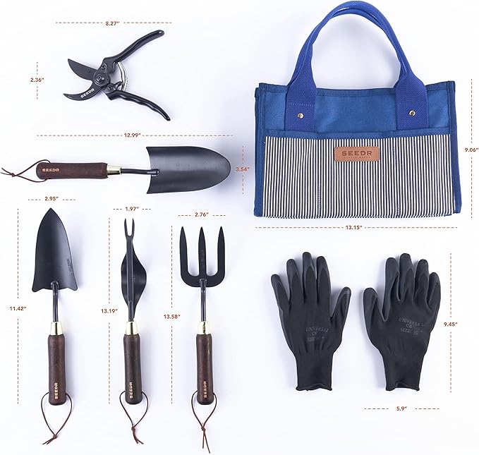 Outdoor Garden Tool Set, Stainless Steel Gardening Set - Garden Tool Organizer Bag, Garden Trowel, Cultivator, Transplanter, Weeder, Bypass Pruning Shears, and Garden Gloves–7pc Set