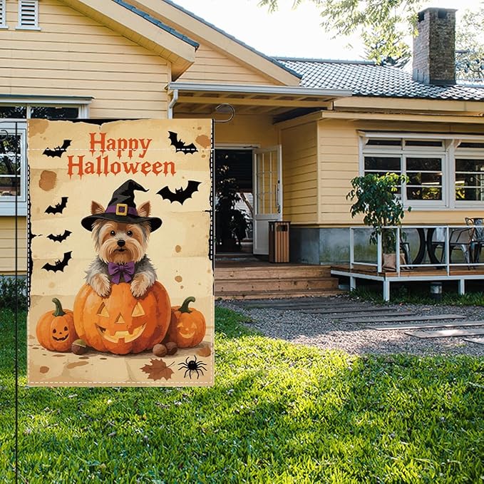 Halloween Garden Flag Yorkshire Bat Fall Halloween Themed Holiday Party Outside Outdoor Lawn Decorations Yard Flag Double Sided 12x18 Inch