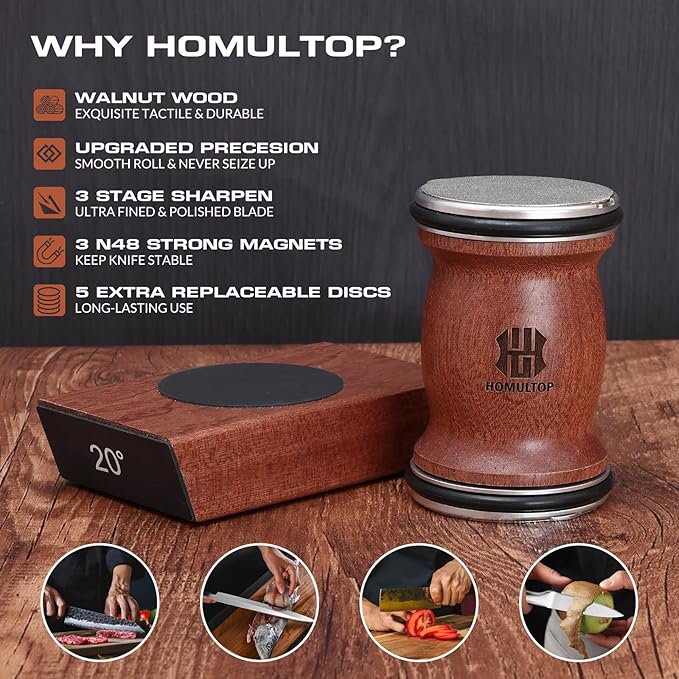 Rolling Knife Sharpener Kit, Kitchen Knife Sharpener with Replaceable Discs Diamond & Ceramic Knife Sharpeners Roller, Magnetic Knife Sharpening Kit with 15 & 20 Degree Base, Afilador De Cuchillos