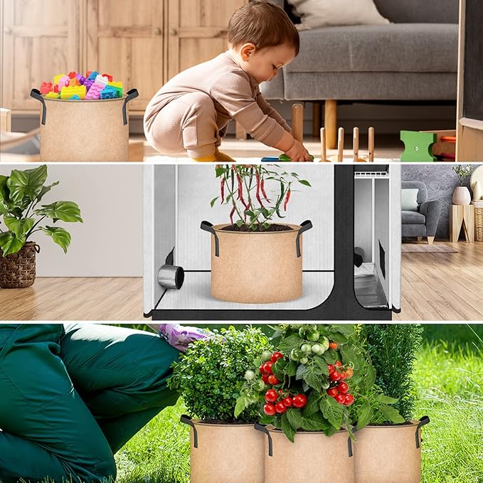 iPower 5-Pack 3 Gallon Plant Grow Bags Thickened Nonwoven Aeration Fabric Pots Heavy Duty Durable Container, Strap Handles for Garden, Tan